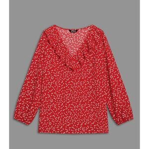 Bloomchic Red Heart Print Ruffle V-Neck Blouse